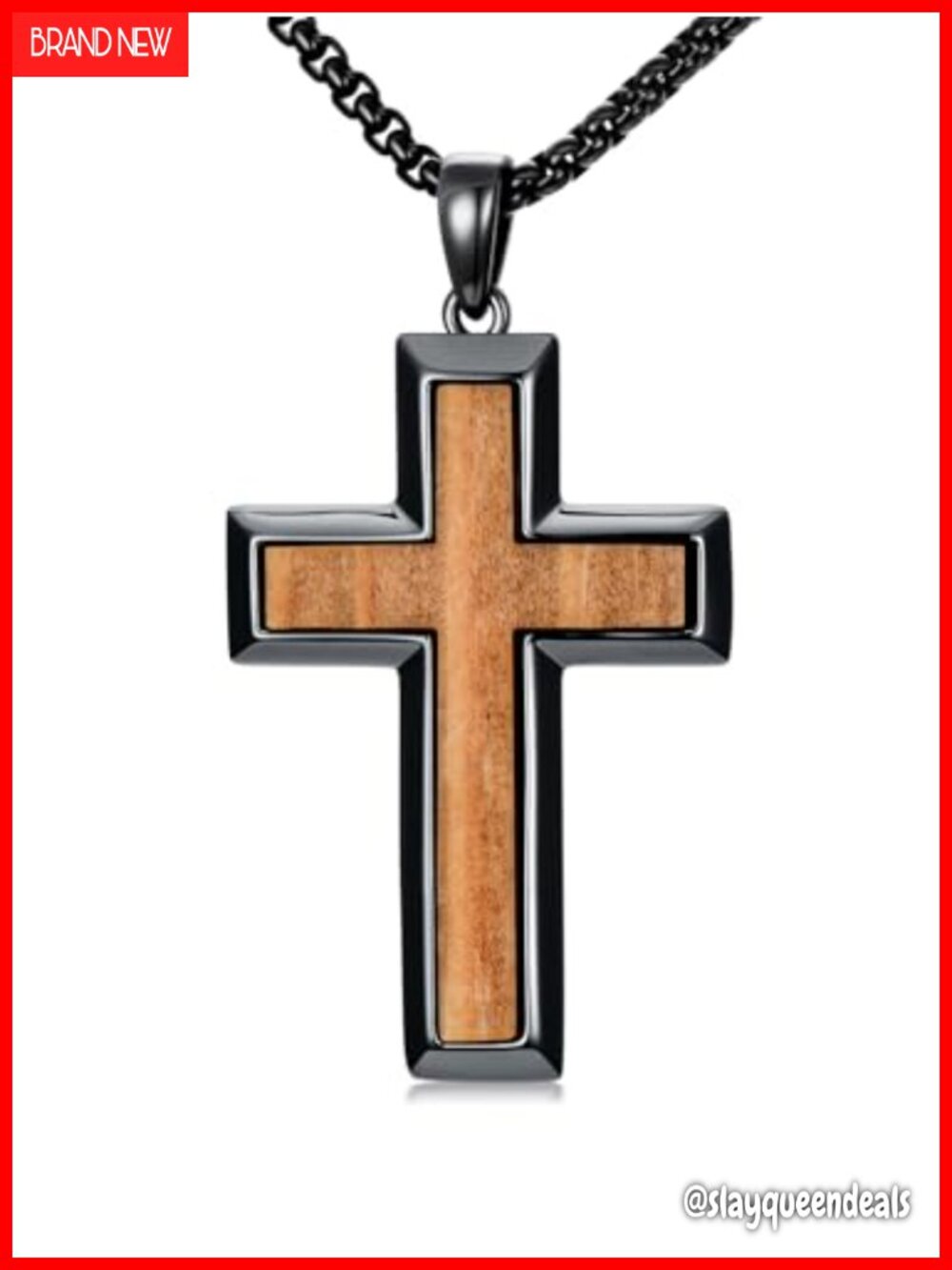 925 Sterling Silver Wood Cross Pendant Necklace Men Lobster Clasp 22 in